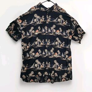 KNIGHTS SPORTSWEAR VTG Hawaiian Shirt, Black w/Island Scenes, 4XLT